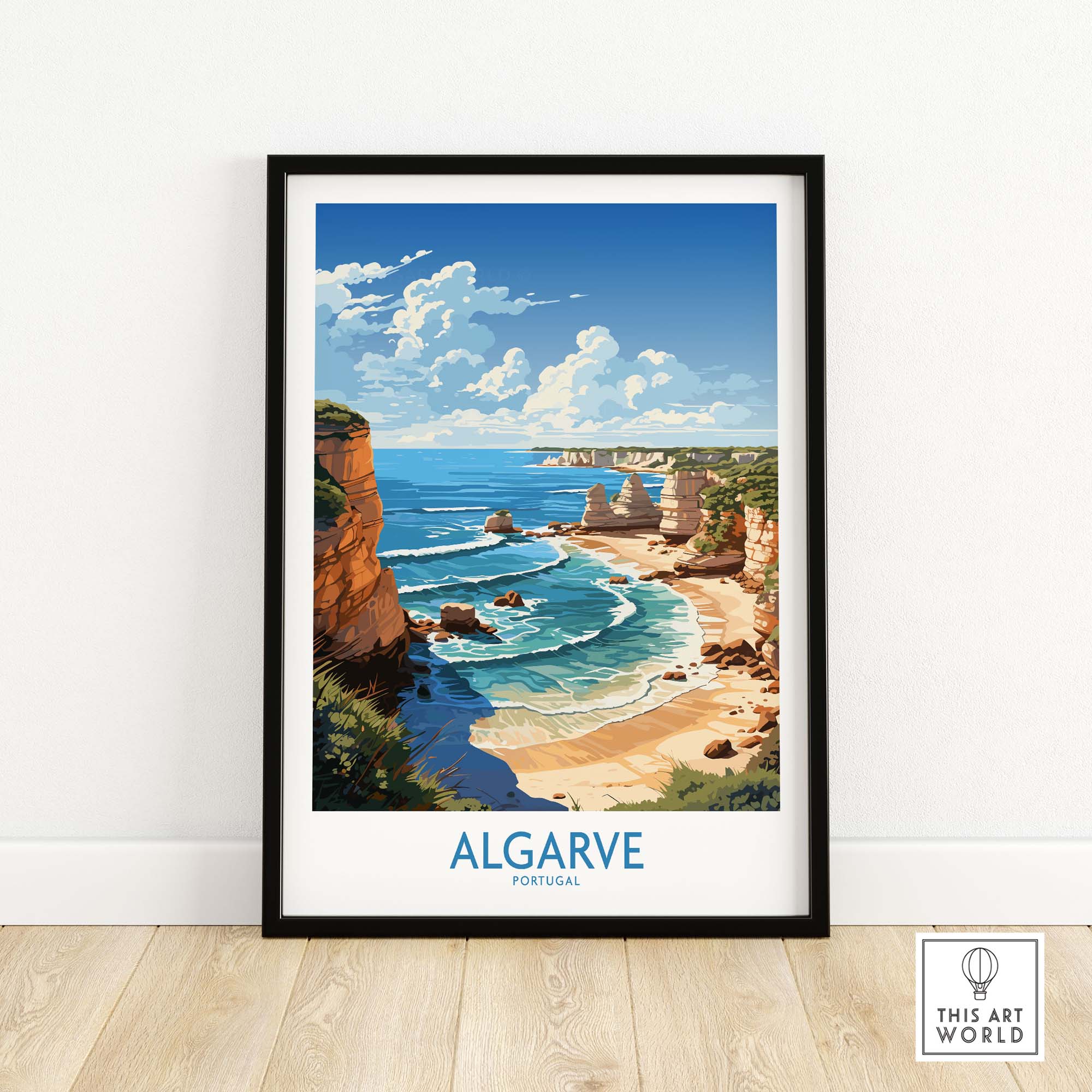 Algarve poster showcasing Portugal's stunning coastline with cliffs and vibrant blue skies.