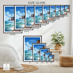 Size guide for Algarve Print Beach Posters in various dimensions, showcasing coastal artwork for home decor.