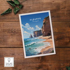 Algarve Print Beach Poster showcasing a coastal scene of Portugal's cliffs and sandy beach, perfect for home decor.