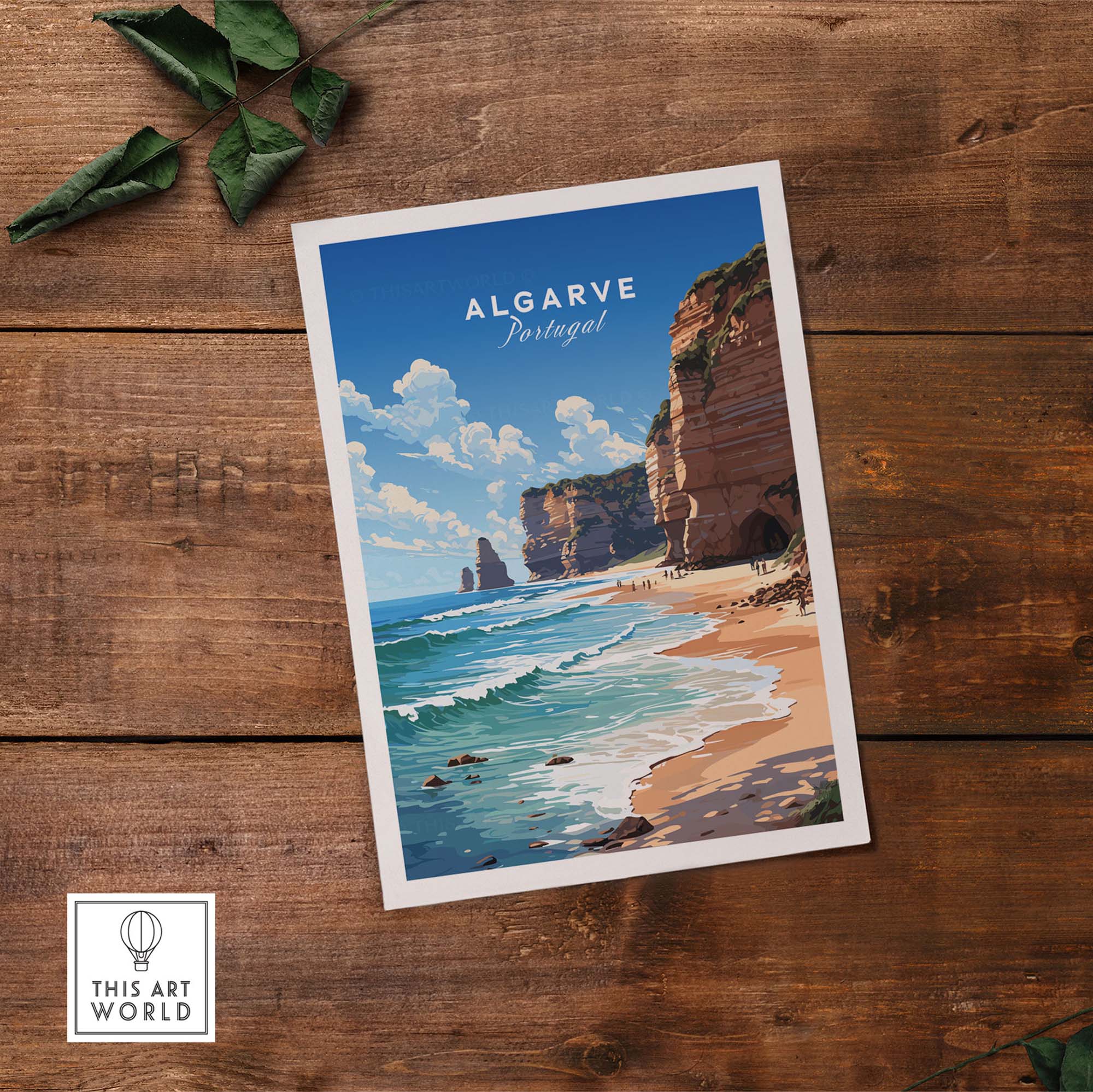 Algarve Print Beach Poster showcasing a coastal scene of Portugal's cliffs and sandy beach, perfect for home decor.