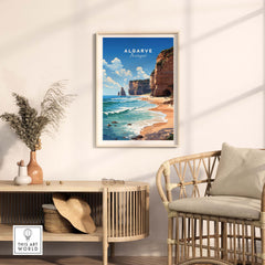 Algarve Print Beach Poster displayed in a stylish living room, capturing coastal beauty and vacation vibes.