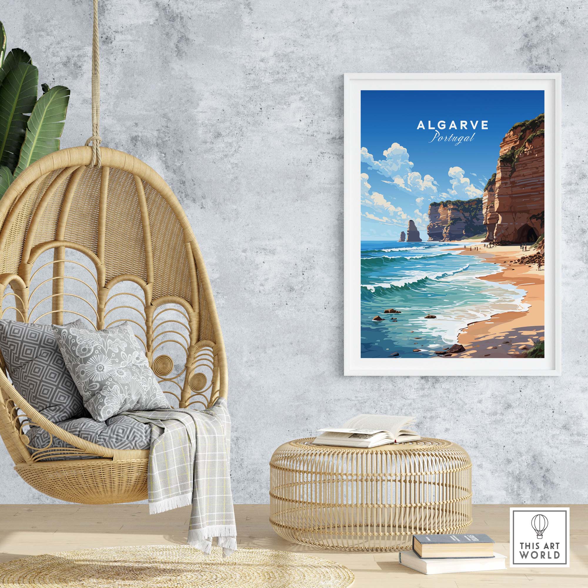 Algarve Print Beach Poster showcasing ocean view, perfect for home decor and beach lovers.