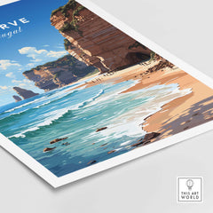 Algarve Print Beach Poster featuring a serene coastal scene with cliffs and calm ocean waves, perfect for home decor.