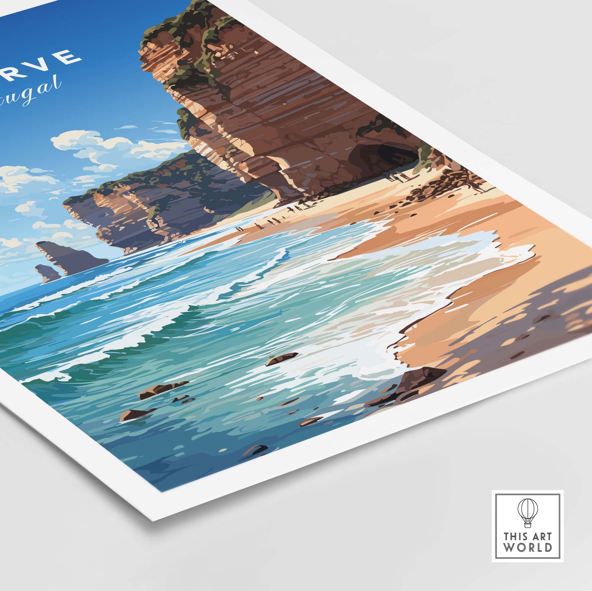 Algarve Print Beach Poster featuring a serene coastal scene with cliffs and calm ocean waves, perfect for home decor.