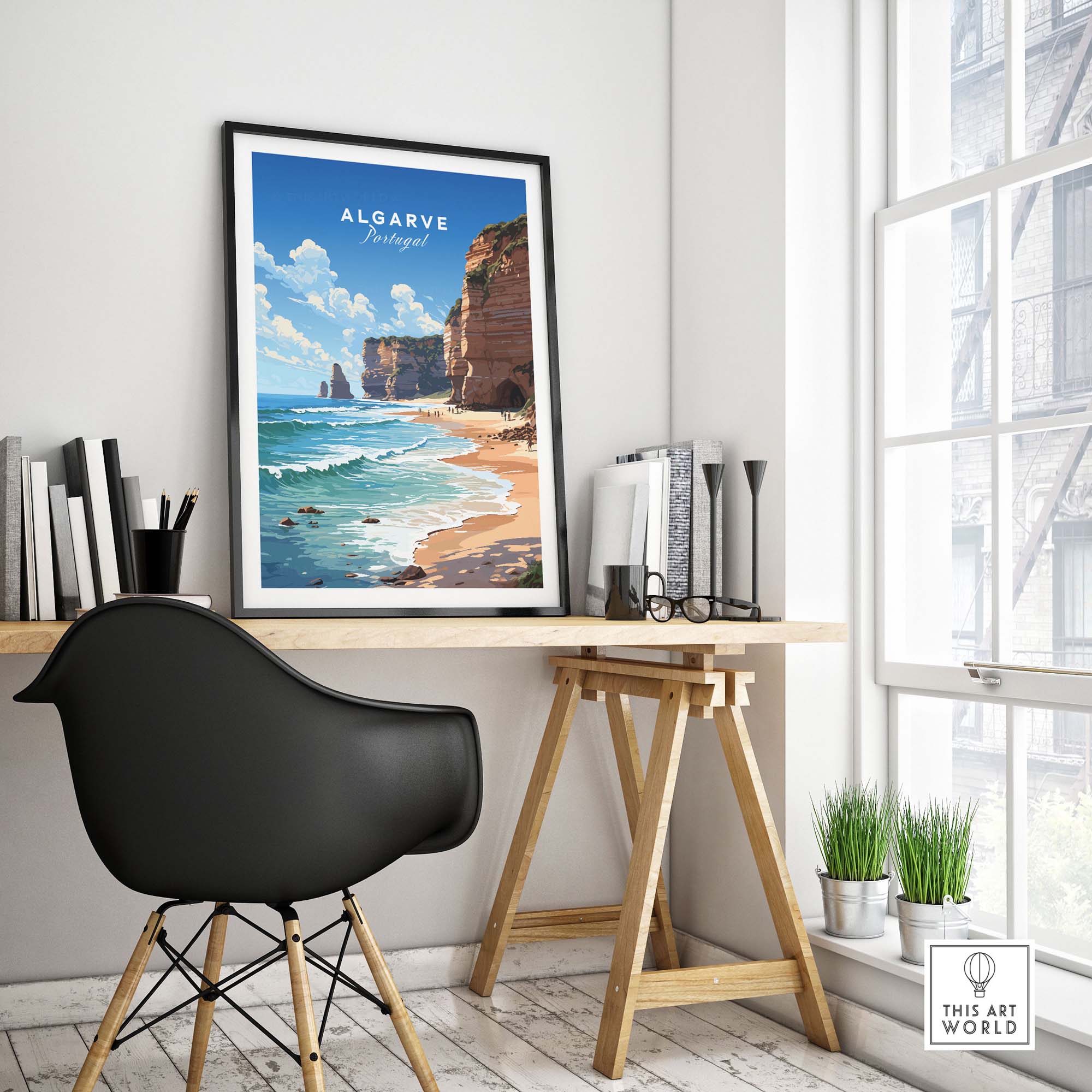 Algarve Print Beach Poster displayed in a modern interior, showcasing ocean waves and sandy shore in a stylish frame.