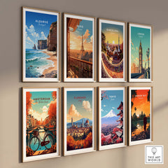 Gallery of travel posters featuring Algarve, Paris, Barcelona, London, Amsterdam, Florence, Tokyo, and Angkor Wat.