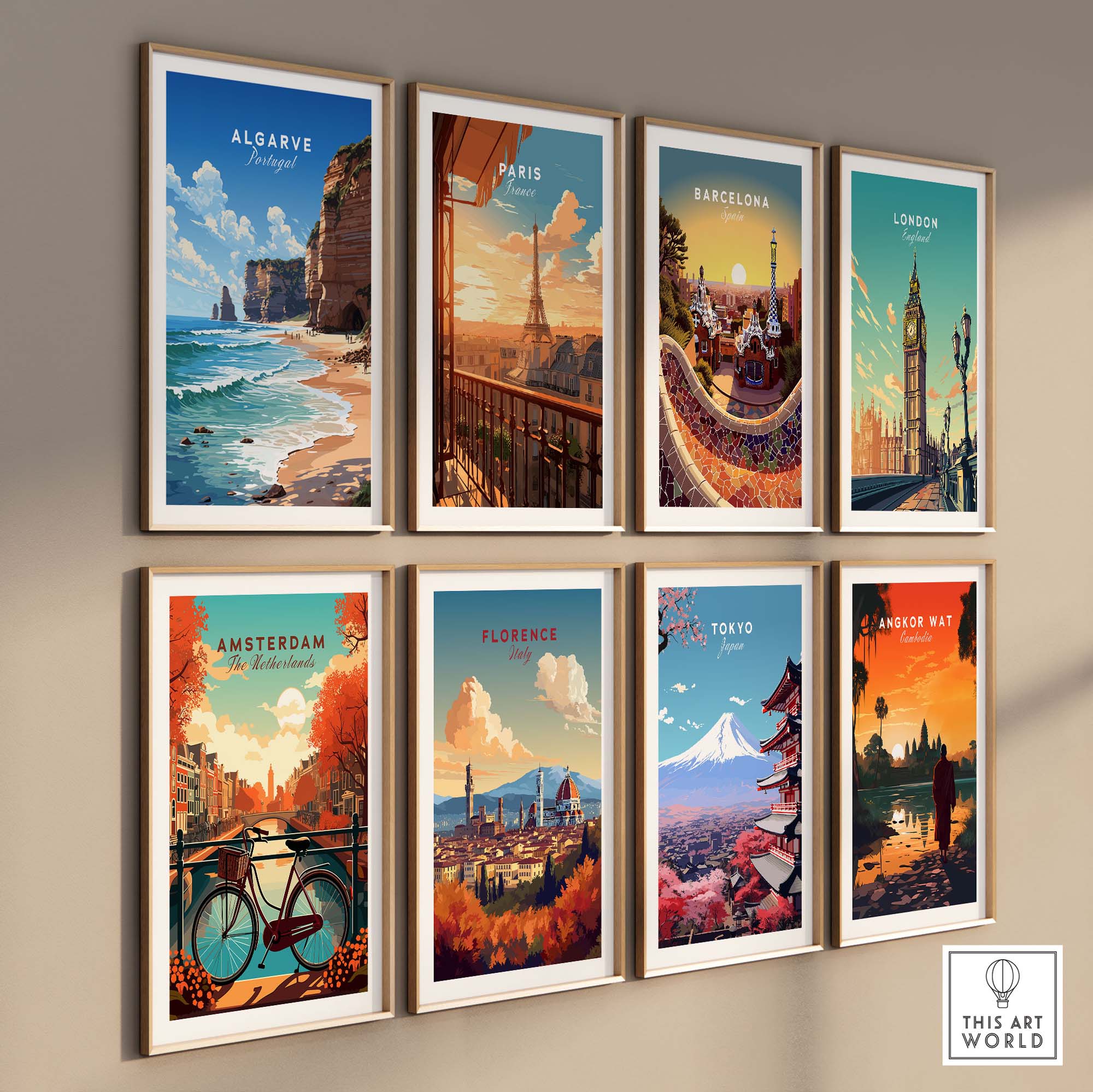 Gallery of travel posters featuring Algarve, Paris, Barcelona, London, Amsterdam, Florence, Tokyo, and Angkor Wat.