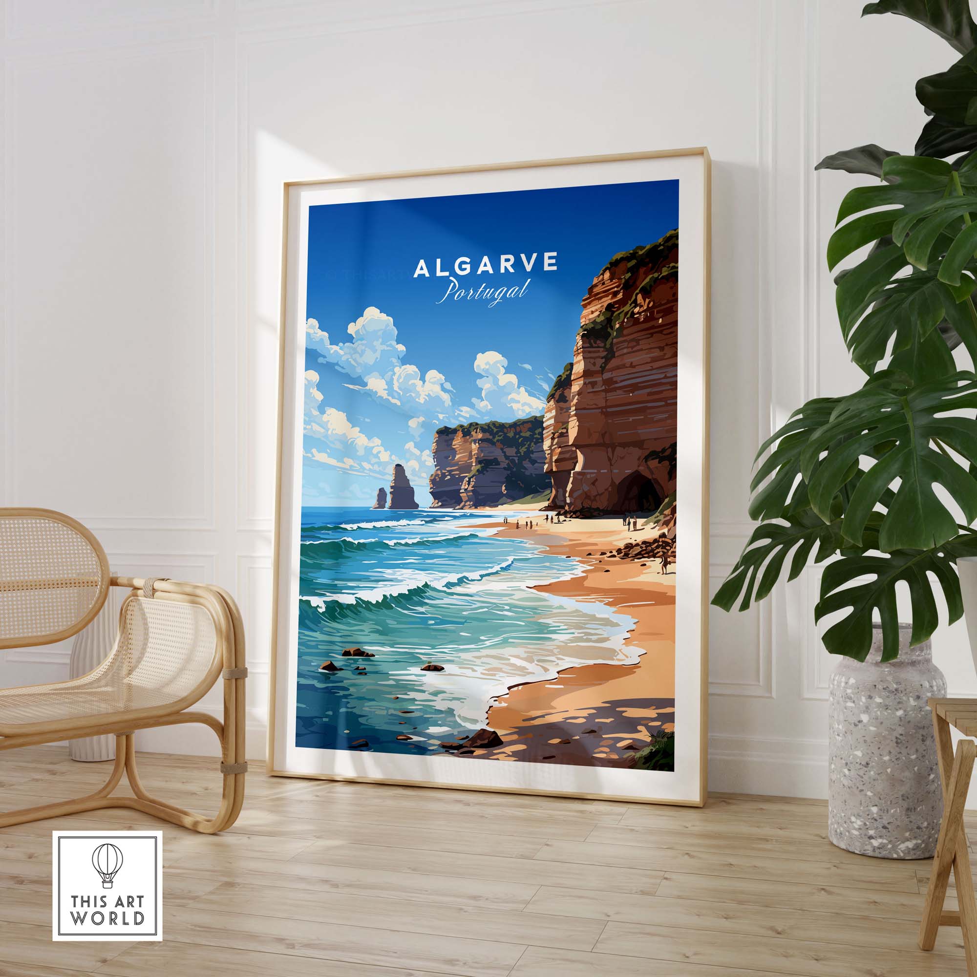 Algarve Print Beach Poster showcasing a vibrant beach scene in Portugal, perfect for home decor.