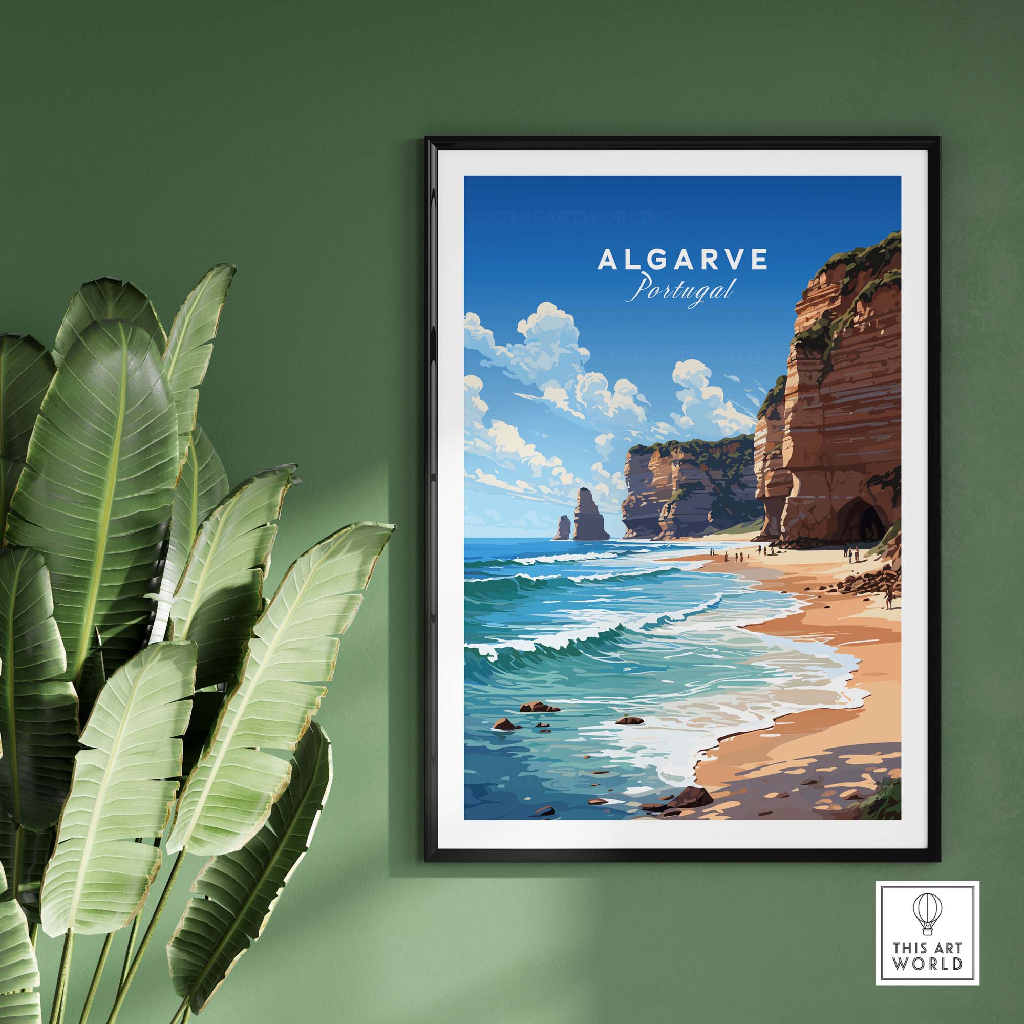 Algarve Print Beach Poster featuring a scenic coastal view of Portugal, framed and displayed on a wall with greenery.