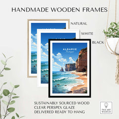 Handmade wooden frames in natural, white, and black for Algarve Print Beach Poster; sustainably sourced wood, ready to hang.