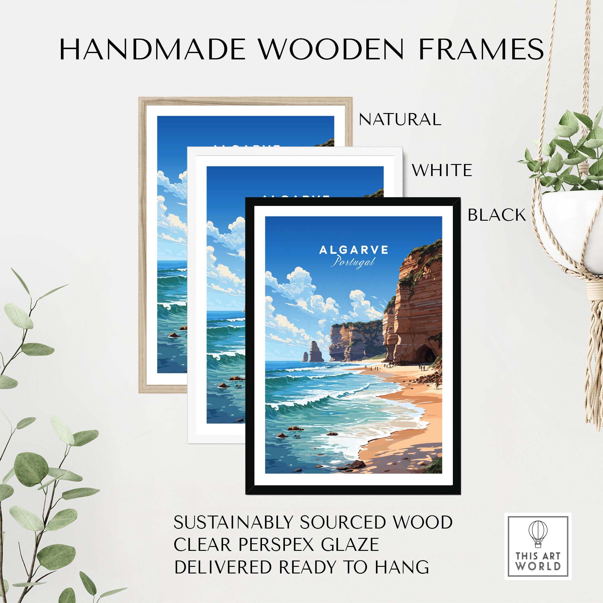 Handmade wooden frames in natural, white, and black for Algarve Print Beach Poster; sustainably sourced wood, ready to hang.