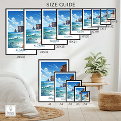 Size guide for Algarve Print Beach Posters showcasing beach scenes in various frame sizes.