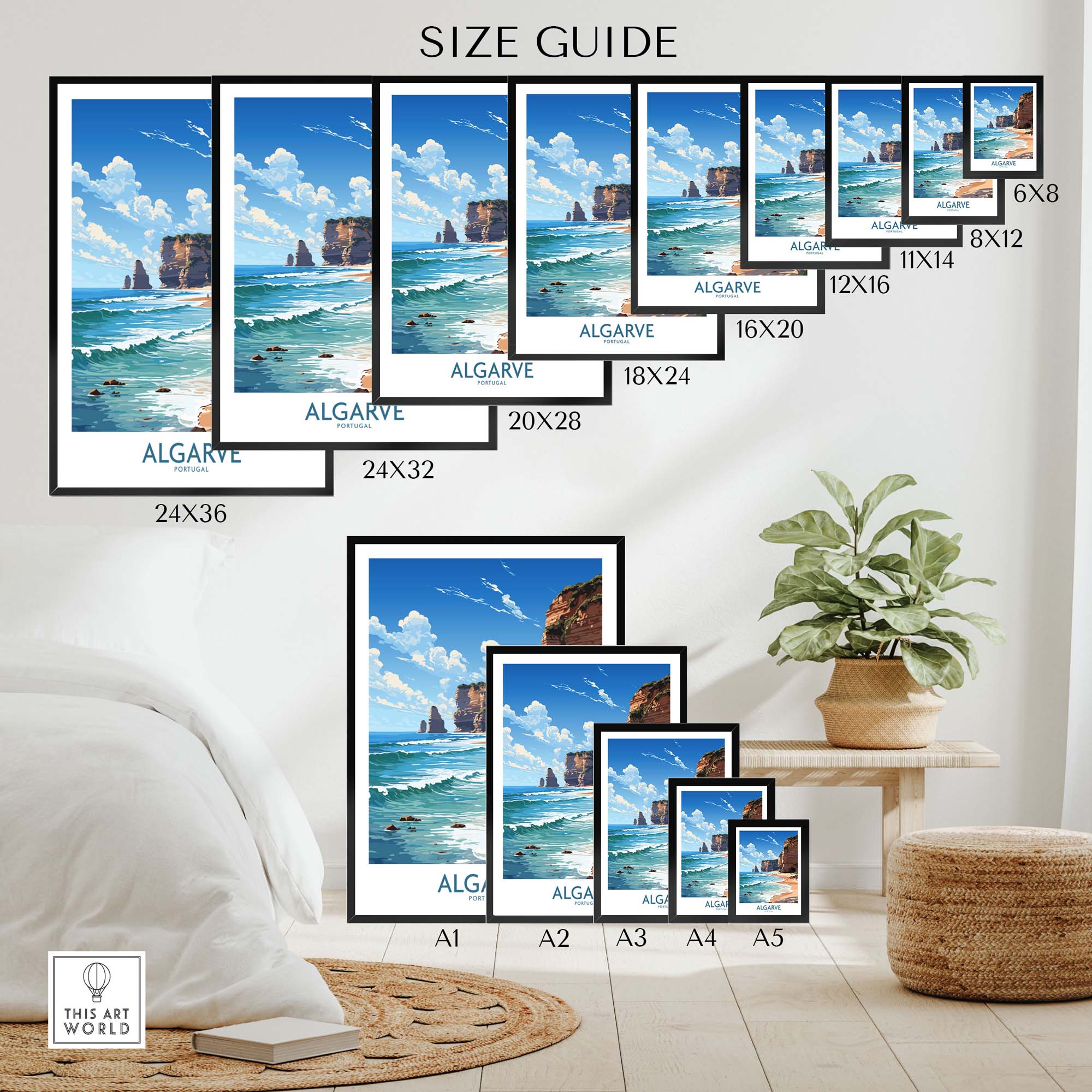 Size guide for Algarve Print Beach Posters showcasing beach scenes in various frame sizes.