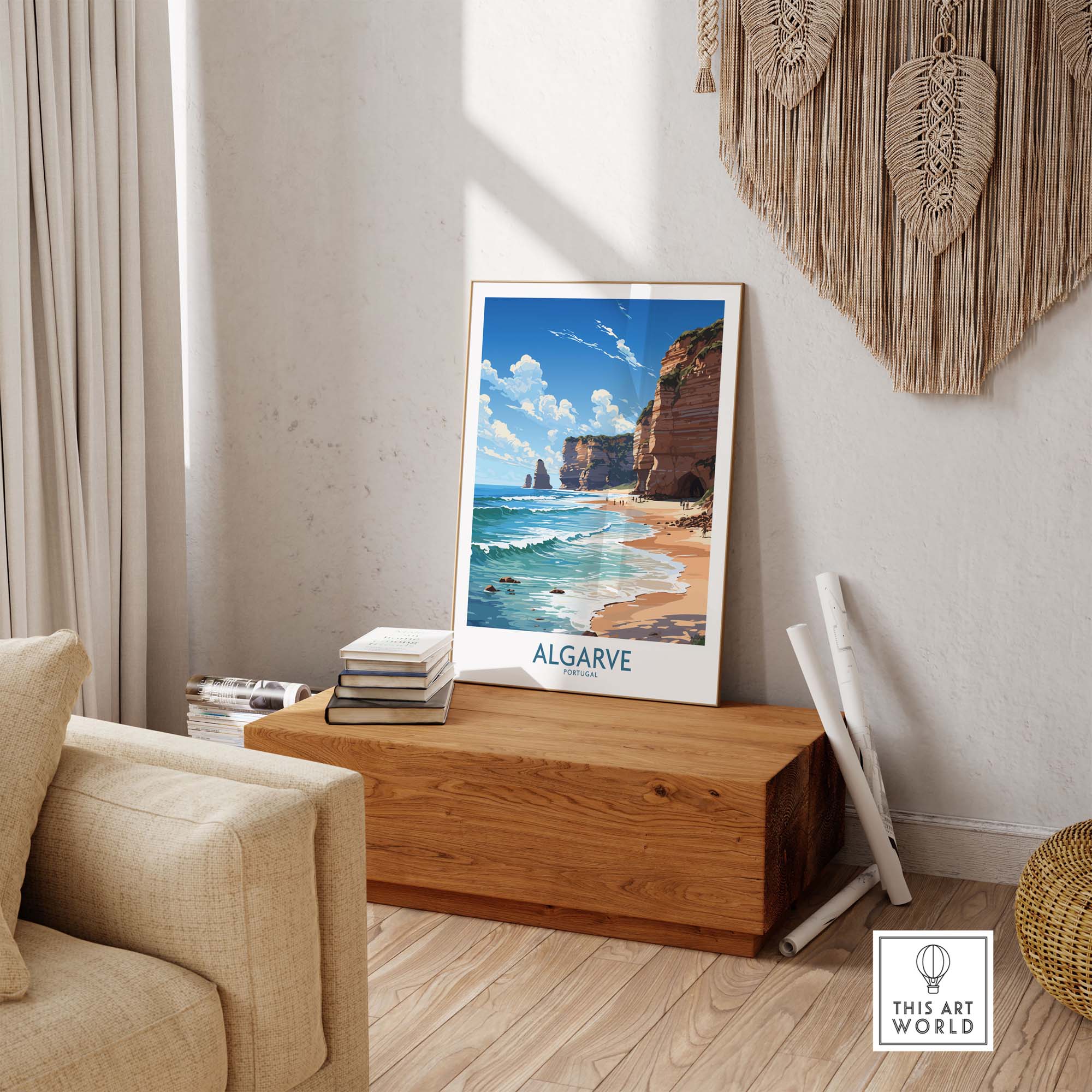 Modern Algarve beach poster showcasing vibrant coastal scenery in a stylish living room setting.