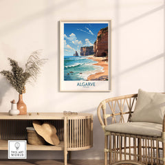 Algarve Print Beach Poster showcasing a vibrant coastal scene in a modern home setting.