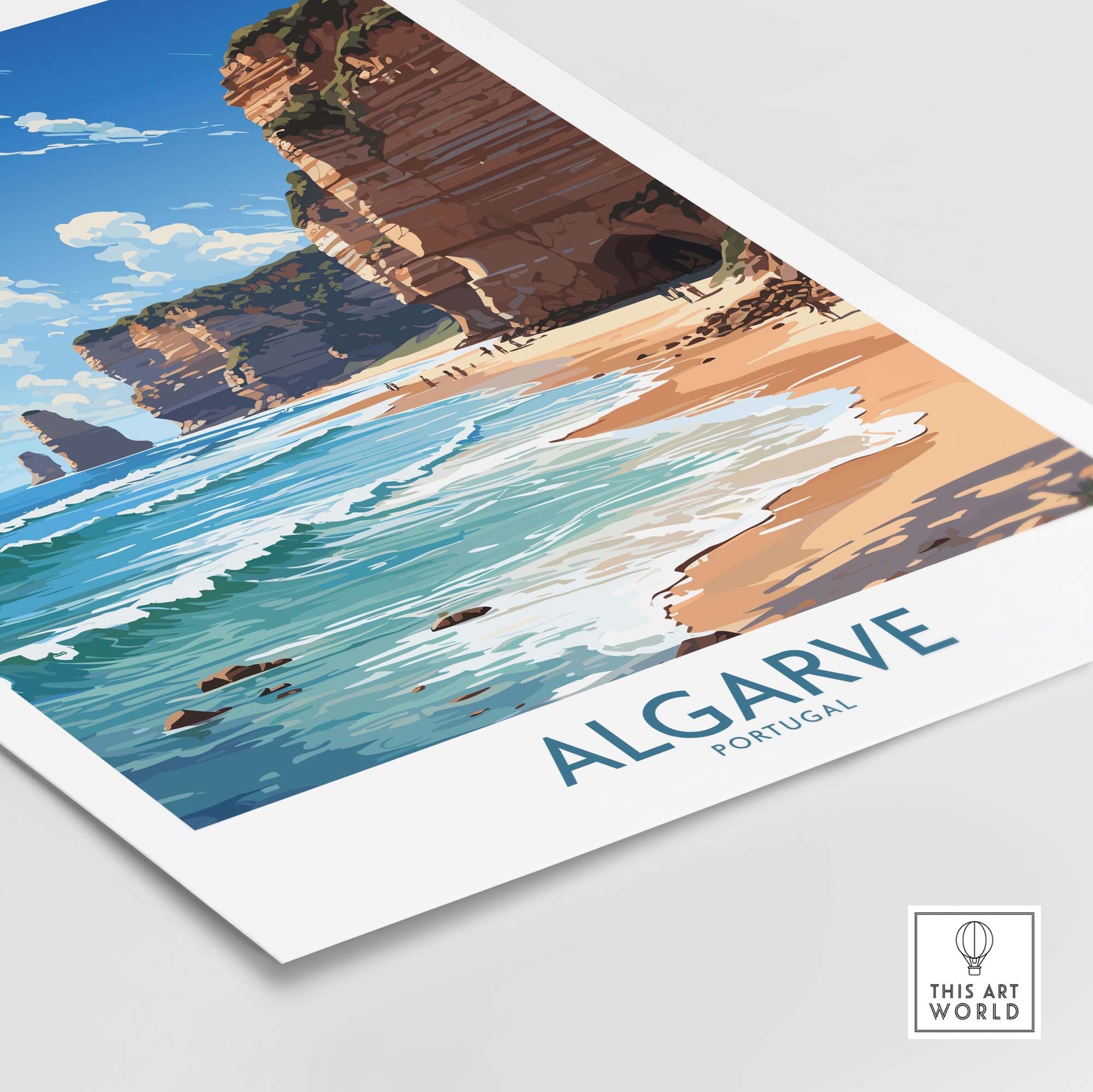 Algarve beach poster featuring cliffs and sandy shores, showcasing vibrant colors and modern design inspired by Portugal.