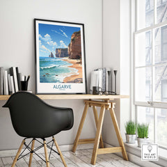 Algarve Print Beach Poster displayed in a modern workspace, showcasing vivid coastal scenery and a refreshing decor style.