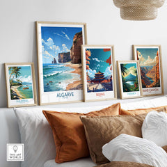 Display of travel posters including Algarve, Beijing, Costa Rica, Philippines, and Grand Canyon on a stylish shelf.