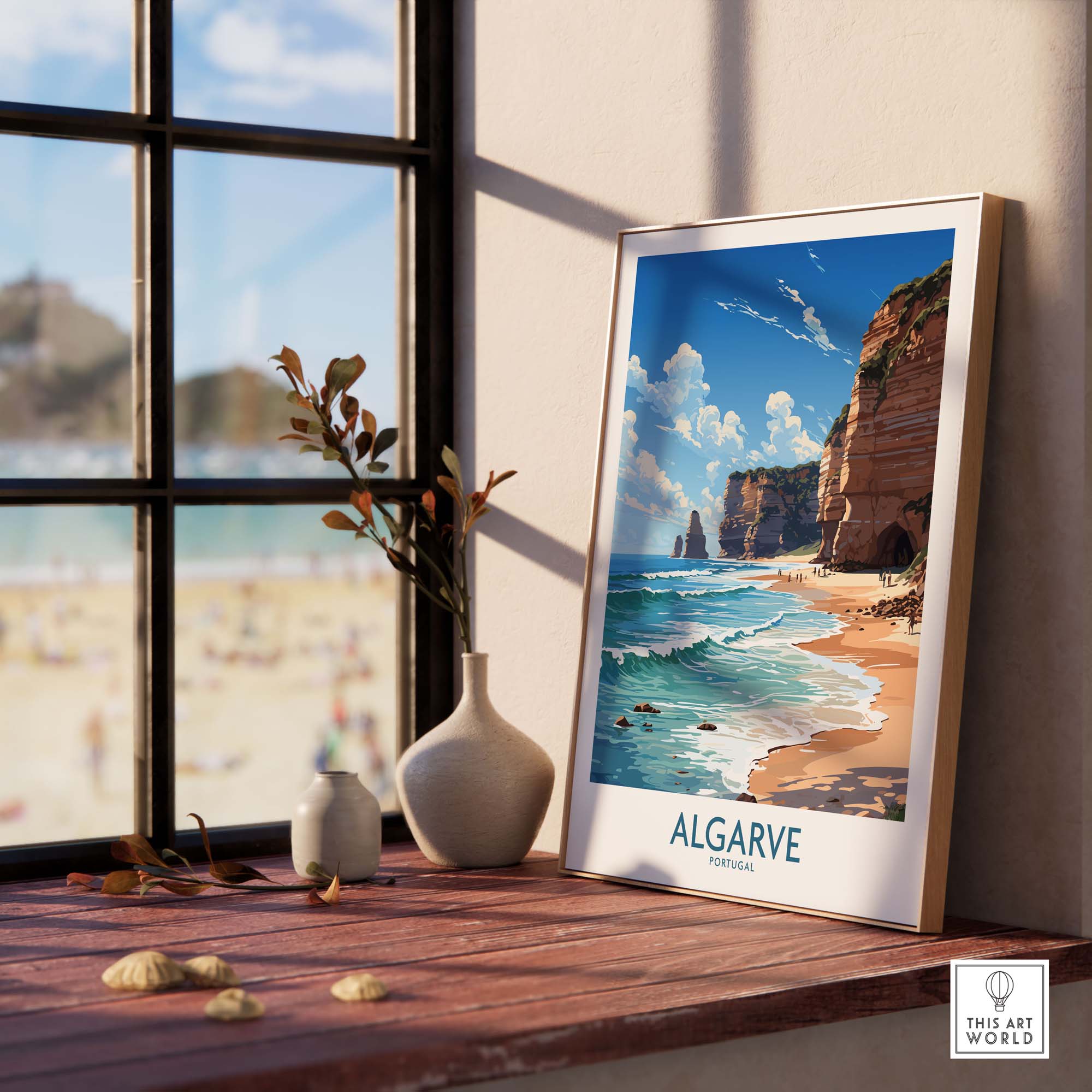 Algarve print beach poster with vibrant coastal scene displayed in a modern home decor setting.