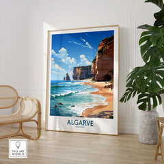 Algarve beach poster featuring vibrant coastal scenery and modern design, perfect for home decor.