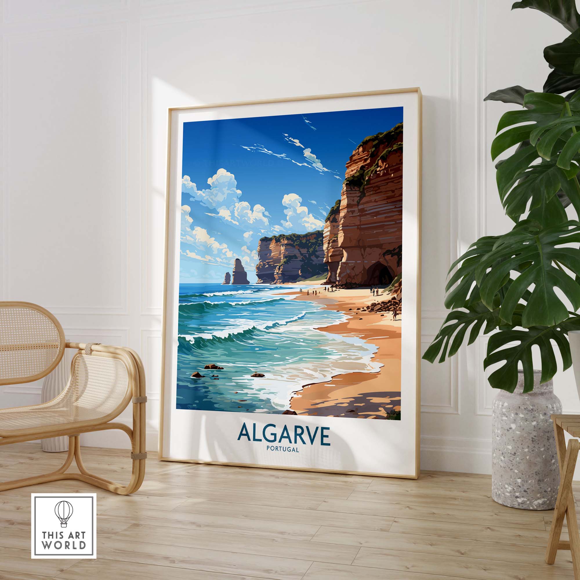 Algarve beach poster featuring vibrant coastal scenery and modern design, perfect for home decor.