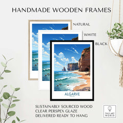 Handmade wooden frames in natural, white, and black for Algarve beach print poster, eco-friendly and ready to hang.