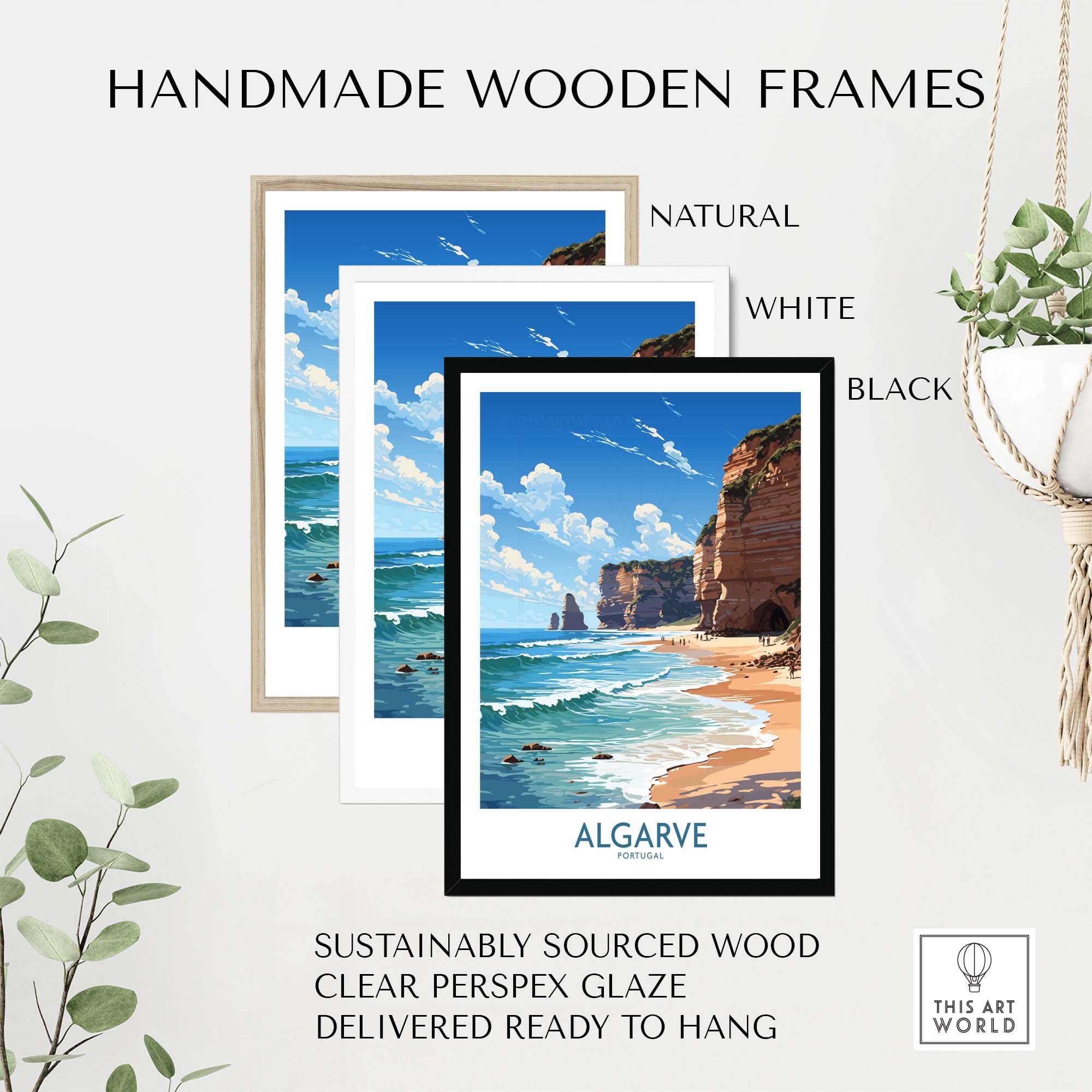 Handmade wooden frames in natural, white, and black for Algarve beach print poster, eco-friendly and ready to hang.