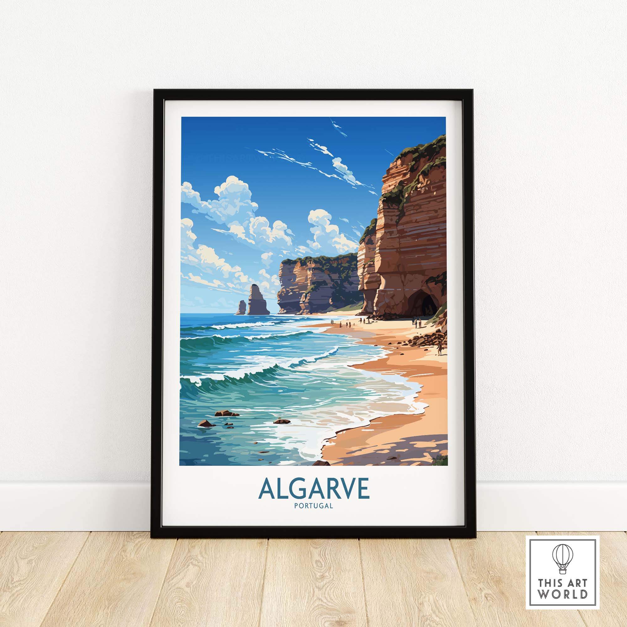 Algarve Print Beach Poster showcasing vibrant coastlines and modern art, perfect for coastal home decor.
