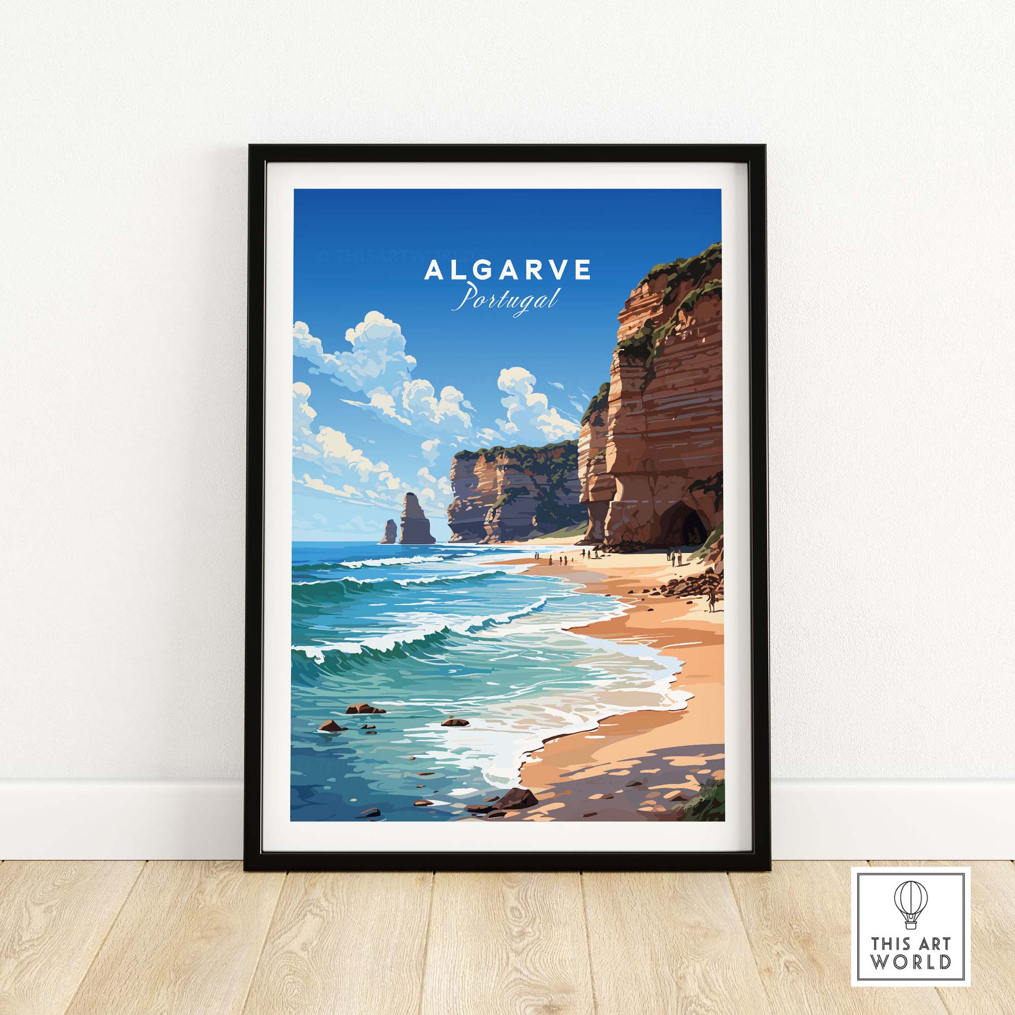 Algarve Print Beach Poster featuring scenic cliffs and ocean view in Portugal, perfect home decor for beach lovers.