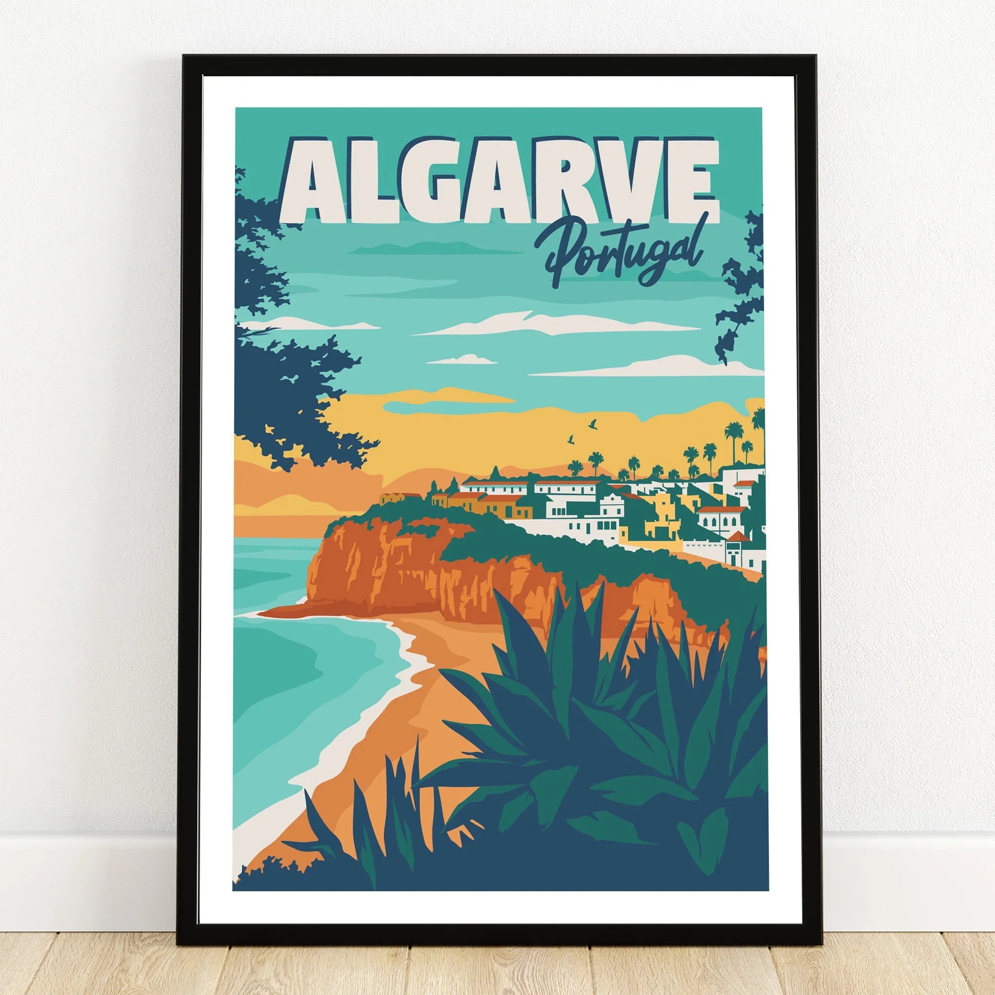 Algarve Portugal travel poster with coastal cliffs, beach, and village, ideal wall art for home decor