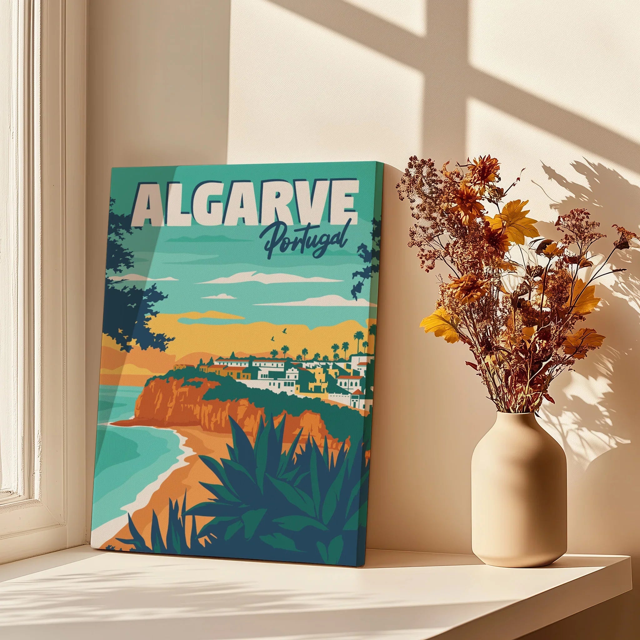 Algarve Portugal travel poster canvas art with coastal village, cliffs, and palm trees, styled for home decor