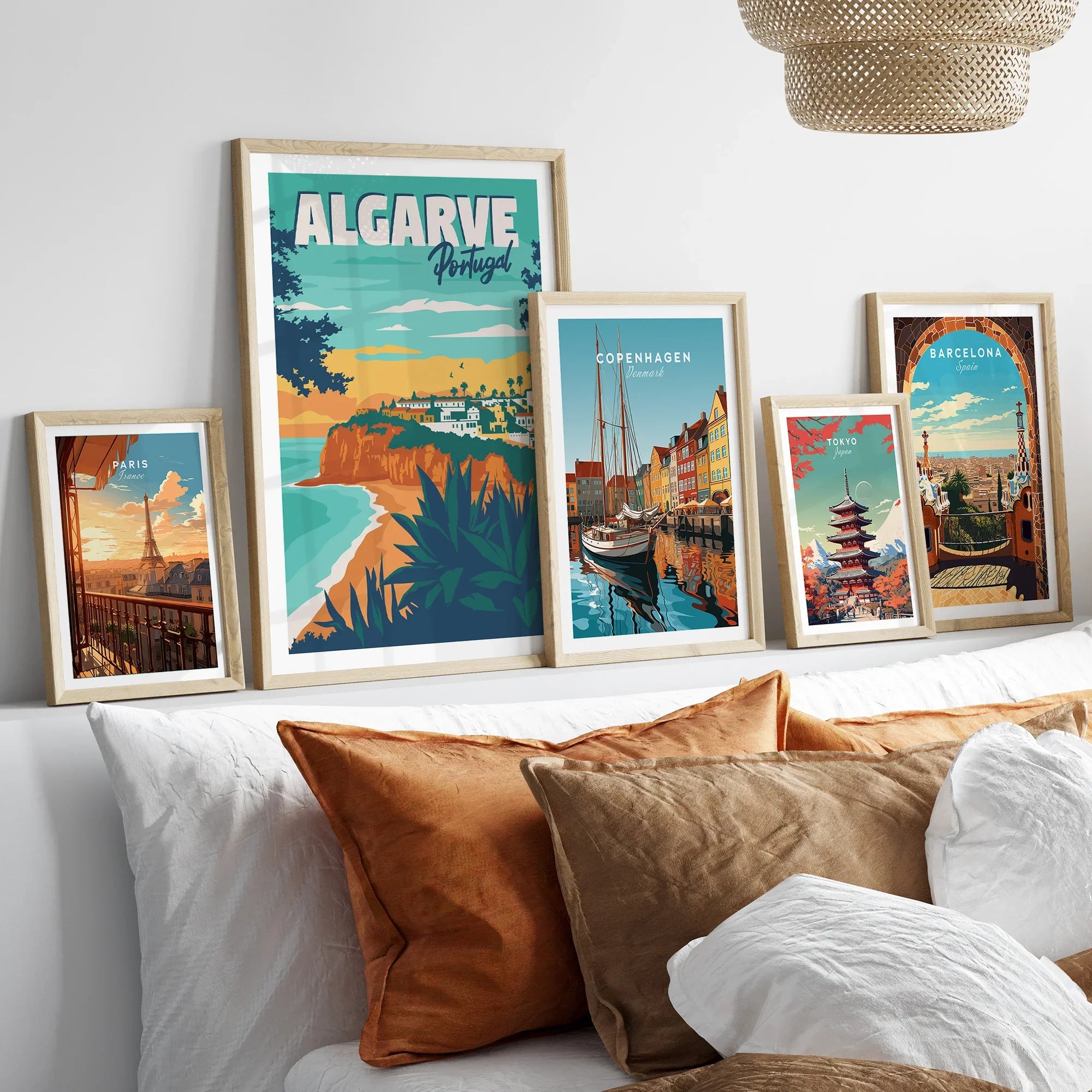 Travel posters of Algarve, Paris, Copenhagen, Tokyo, Barcelona for home wall art decor