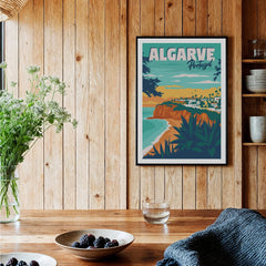 Algarve Portugal travel poster wall art with coastal cliffs, beach, and village, perfect for home decor