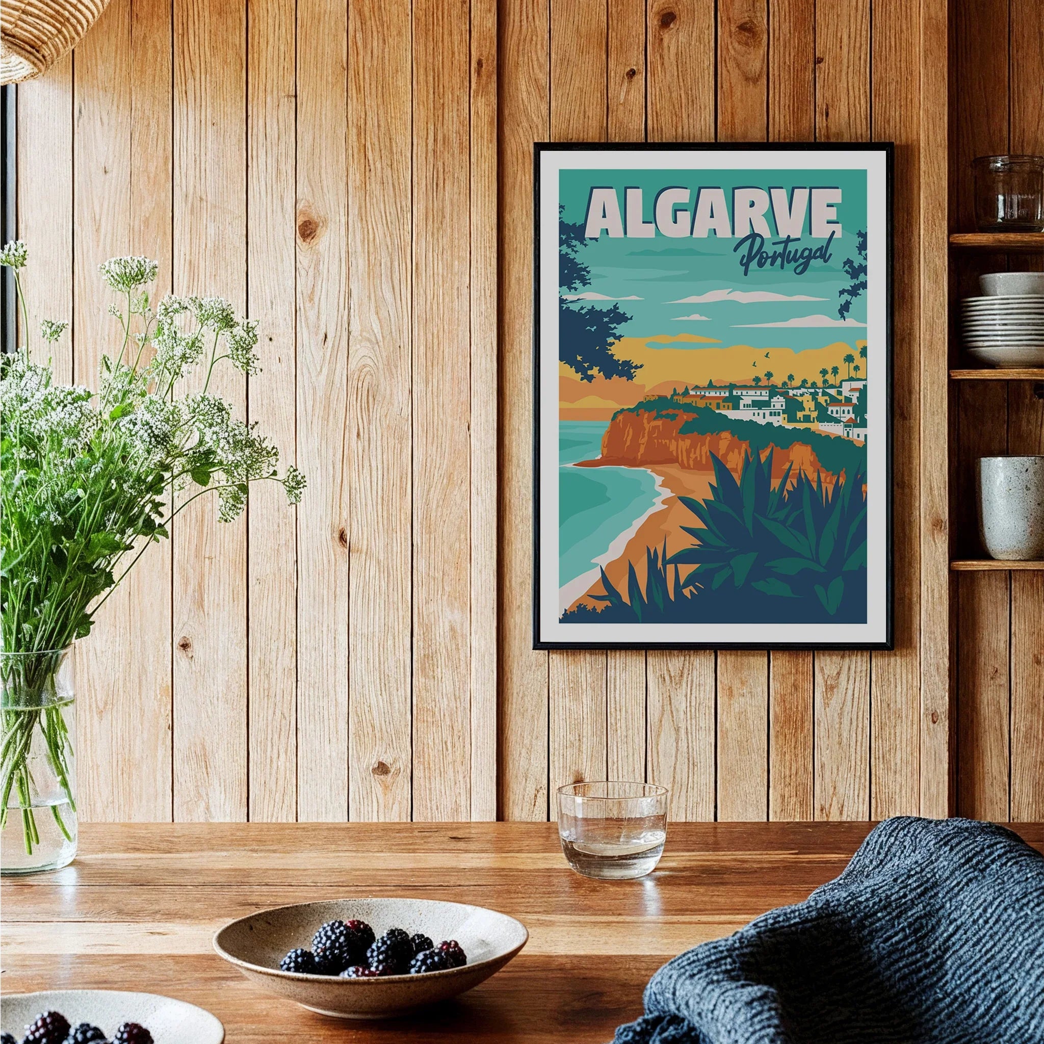 Algarve Portugal travel poster wall art with coastal cliffs, beach, and village, perfect for home decor