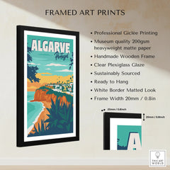 Algarve Portugal travel poster in black frame, coastal cliffs & village art print for home decor