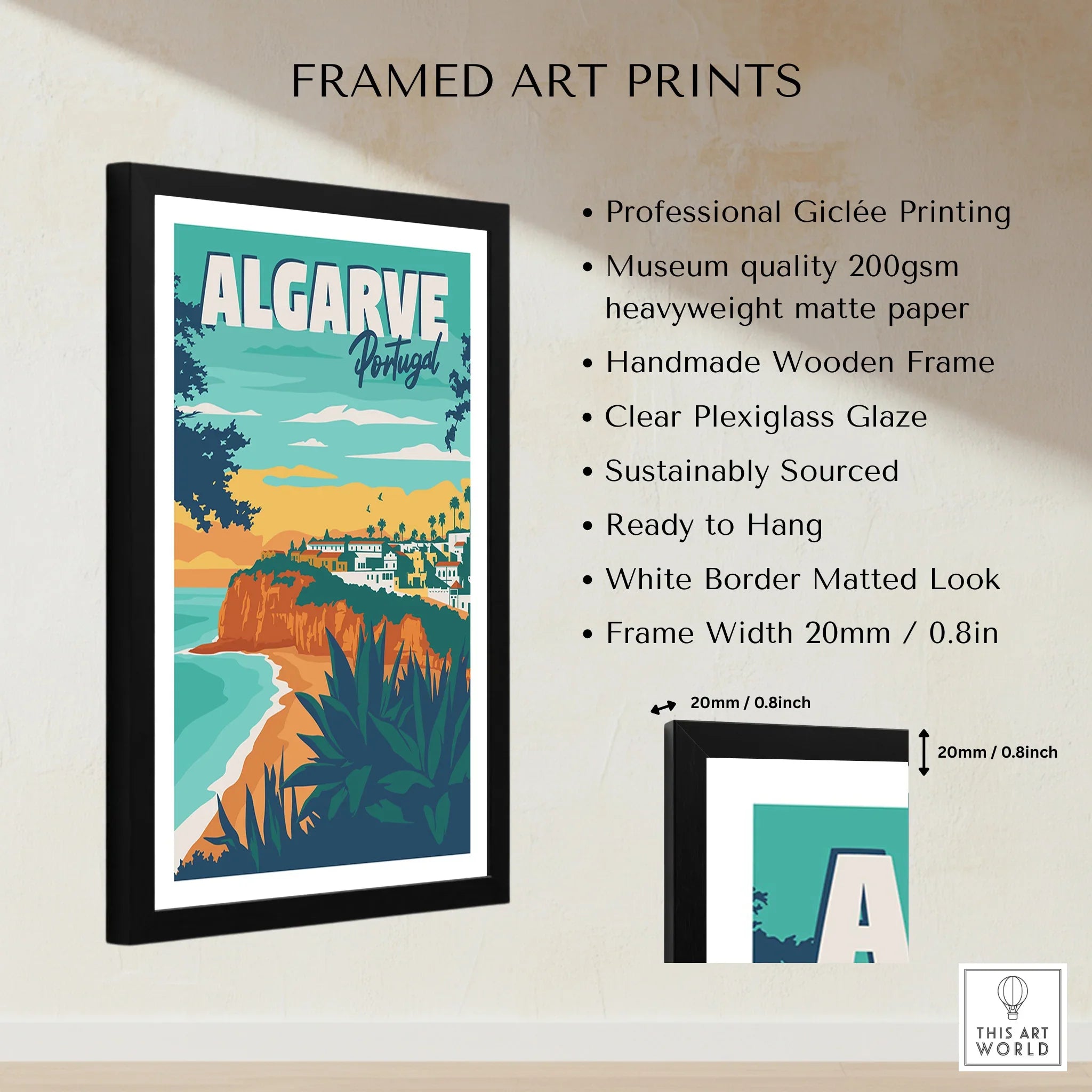 Algarve Portugal travel poster in black frame, coastal cliffs & village art print for home decor