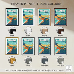 Algarve Portugal travel poster in eight frame colors: black, white, natural, brown, gold, silver, dark grey, light grey