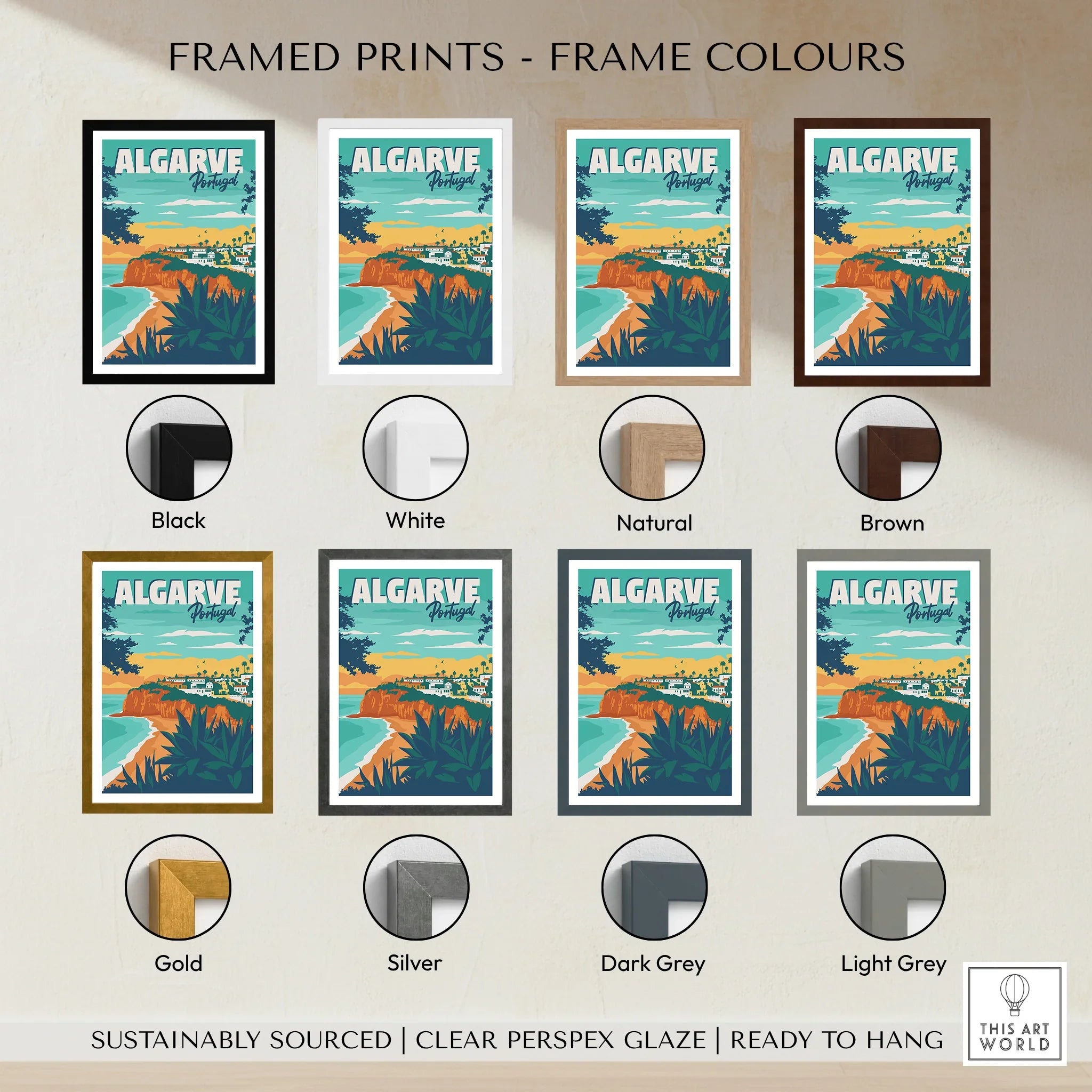 Algarve Portugal travel poster in eight frame colors: black, white, natural, brown, gold, silver, dark grey, light grey