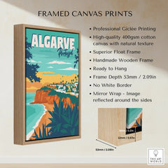 Algarve Portugal travel poster in wooden frame, coastal skyline art for home decor