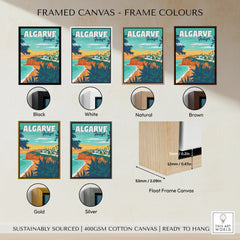 Algarve Portugal travel poster in various frame colors, showcasing coastal scenery for home decor