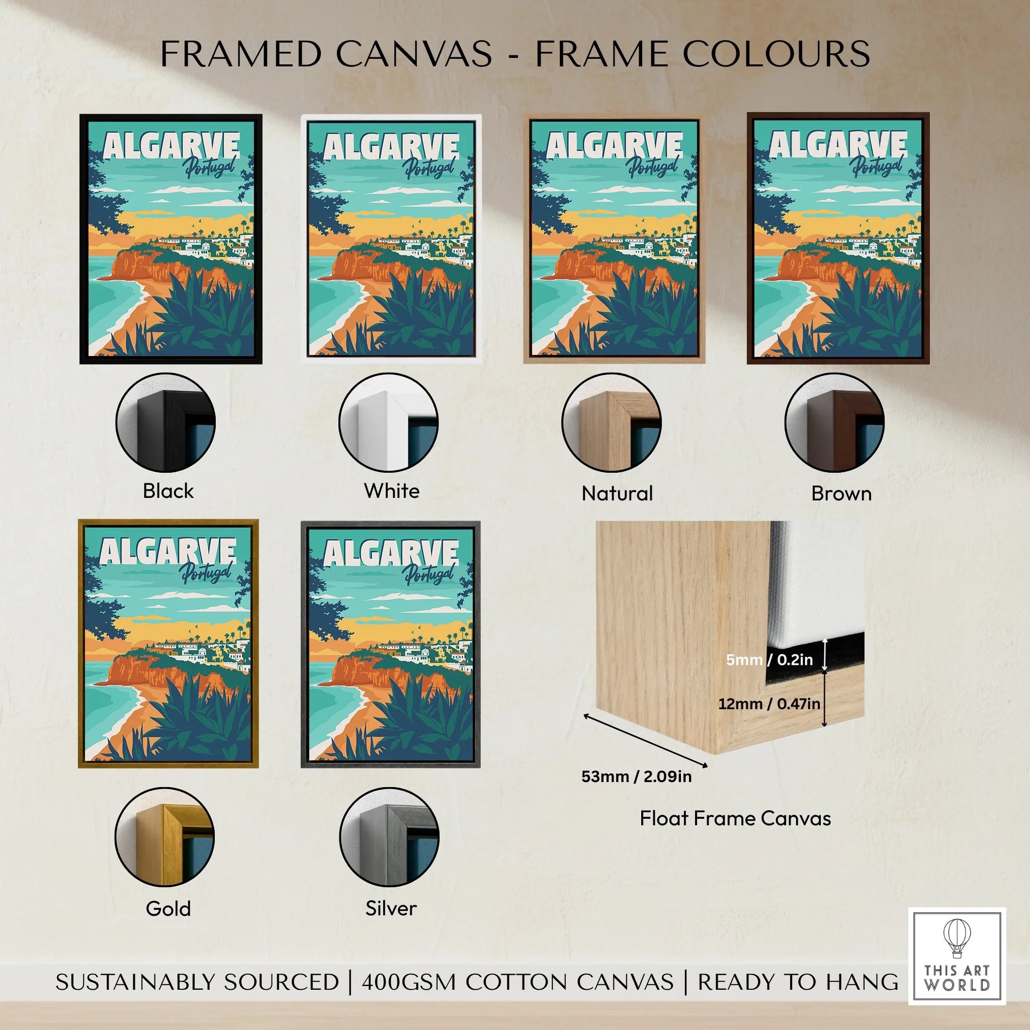 Algarve Portugal travel poster in various frame colors, showcasing coastal scenery for home decor