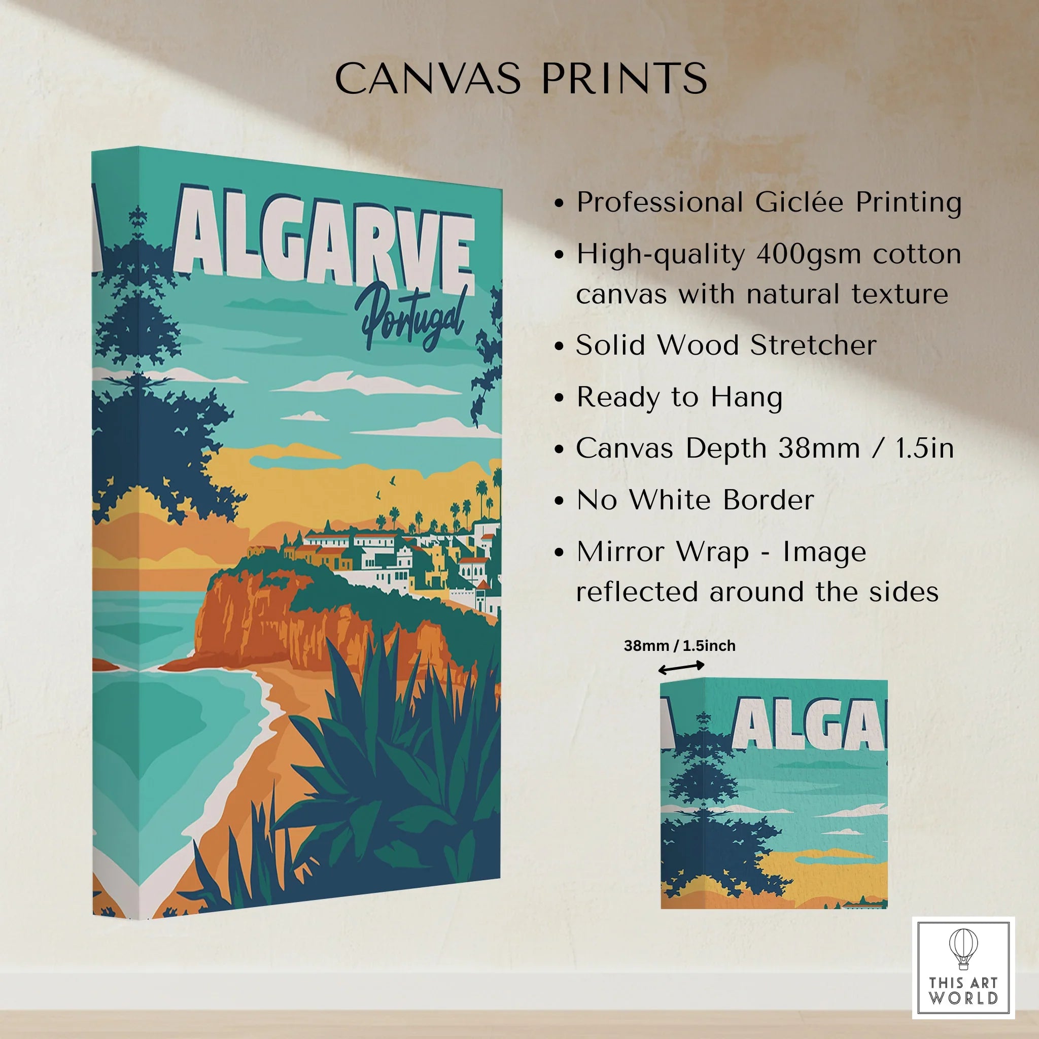 Algarve Portugal travel poster canvas print with coastal cliffs, beach, and village, ready to hang wall art