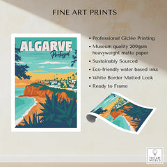 Algarve Portugal travel poster with coastal cliffs, beach, and white buildings, ideal for home decor