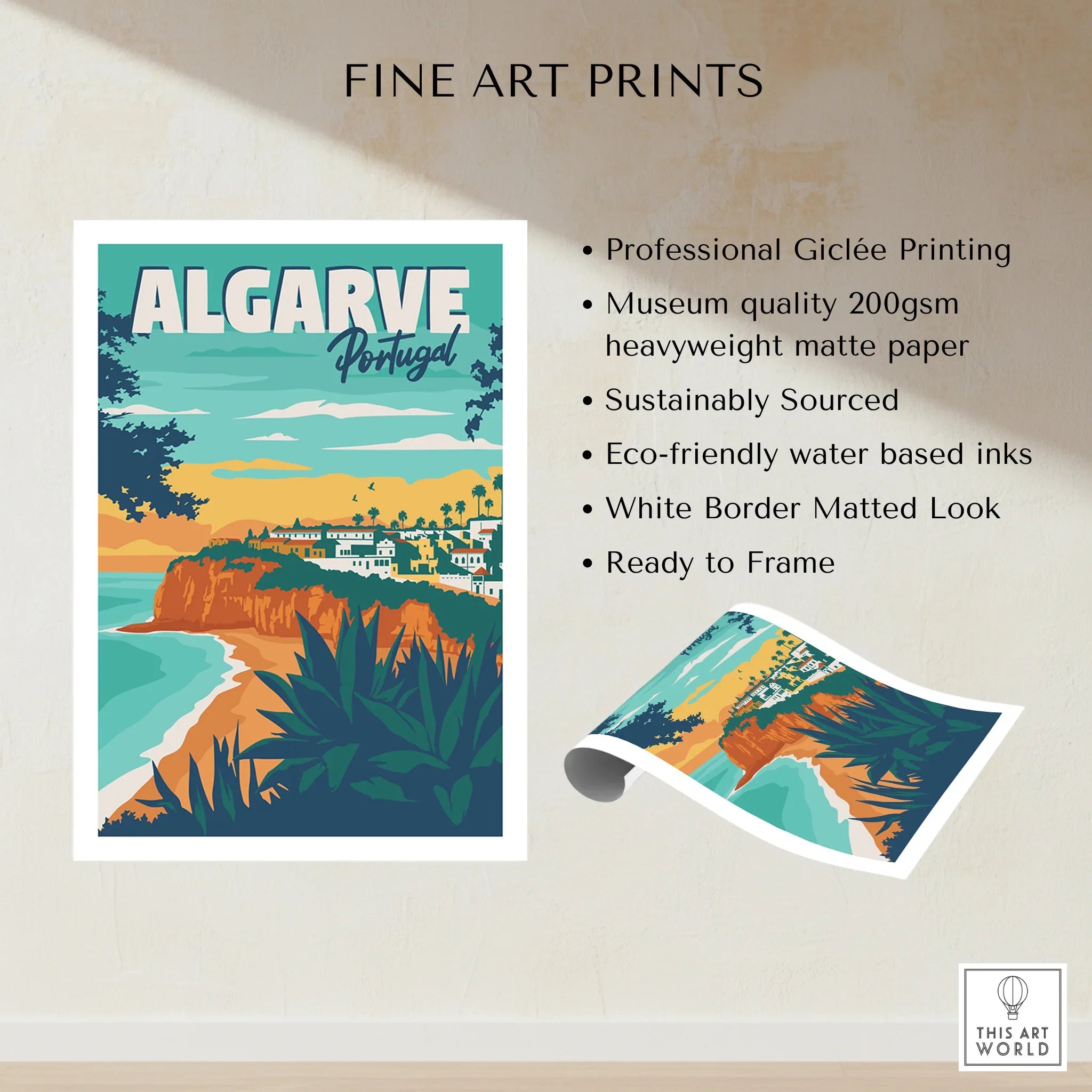 Algarve Portugal travel poster with coastal cliffs, beach, and white buildings, ideal for home decor