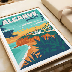 Algarve Portugal travel poster with coastal cliffs, beach, and palm trees in wooden frame