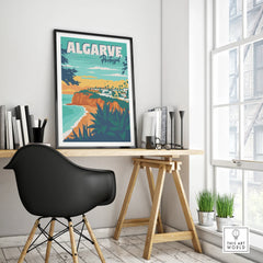 Algarve Portugal travel poster wall art featuring coastal cliffs, beach, and village, perfect for home decor