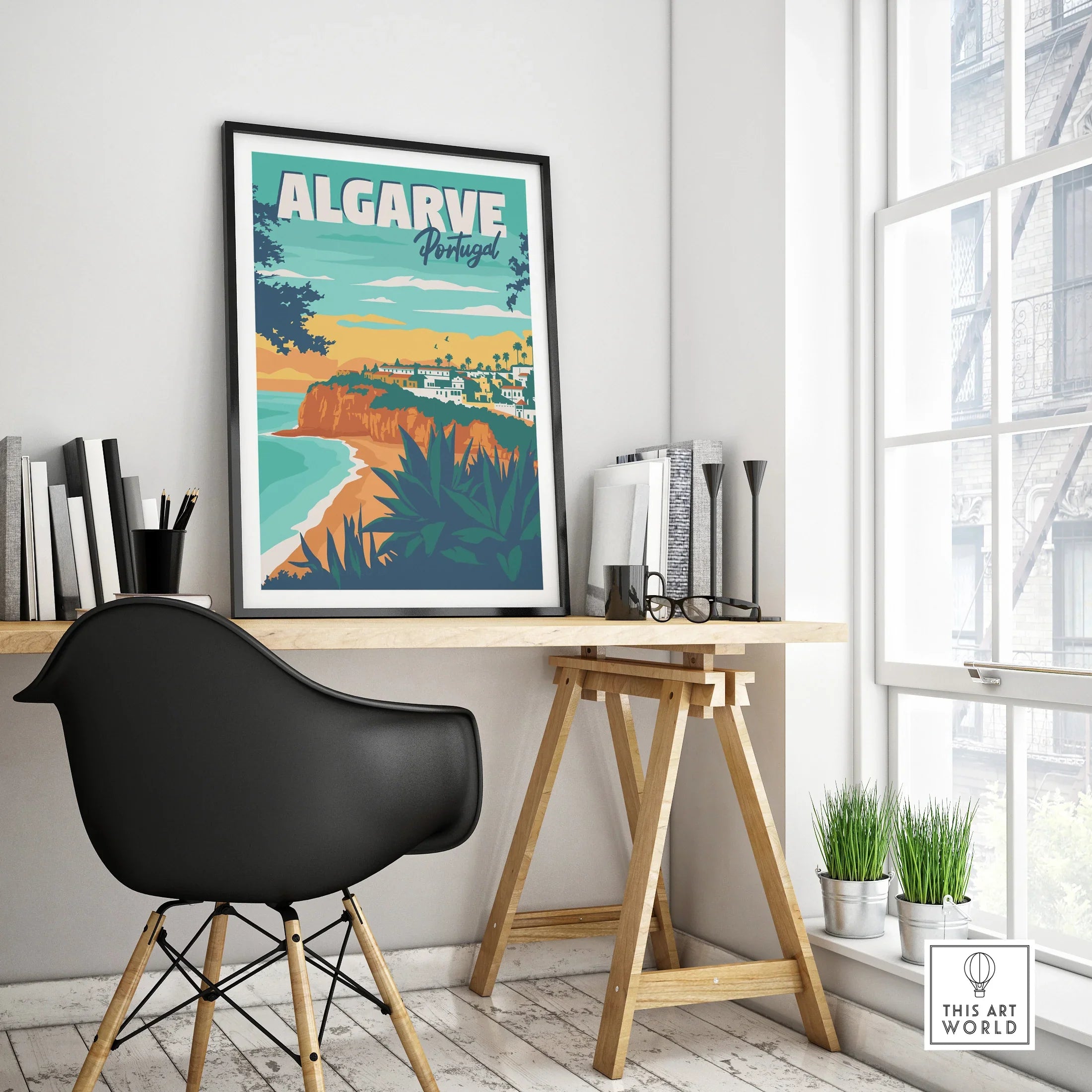 Algarve Portugal travel poster wall art featuring coastal cliffs, beach, and village, perfect for home decor