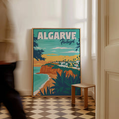 Algarve Portugal travel poster with coastal village, cliffs, and palm trees, perfect for home wall art decor