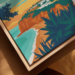 Coastal cliff travel poster with vibrant sunset, beach, and palm leaves, perfect for wall art decor.