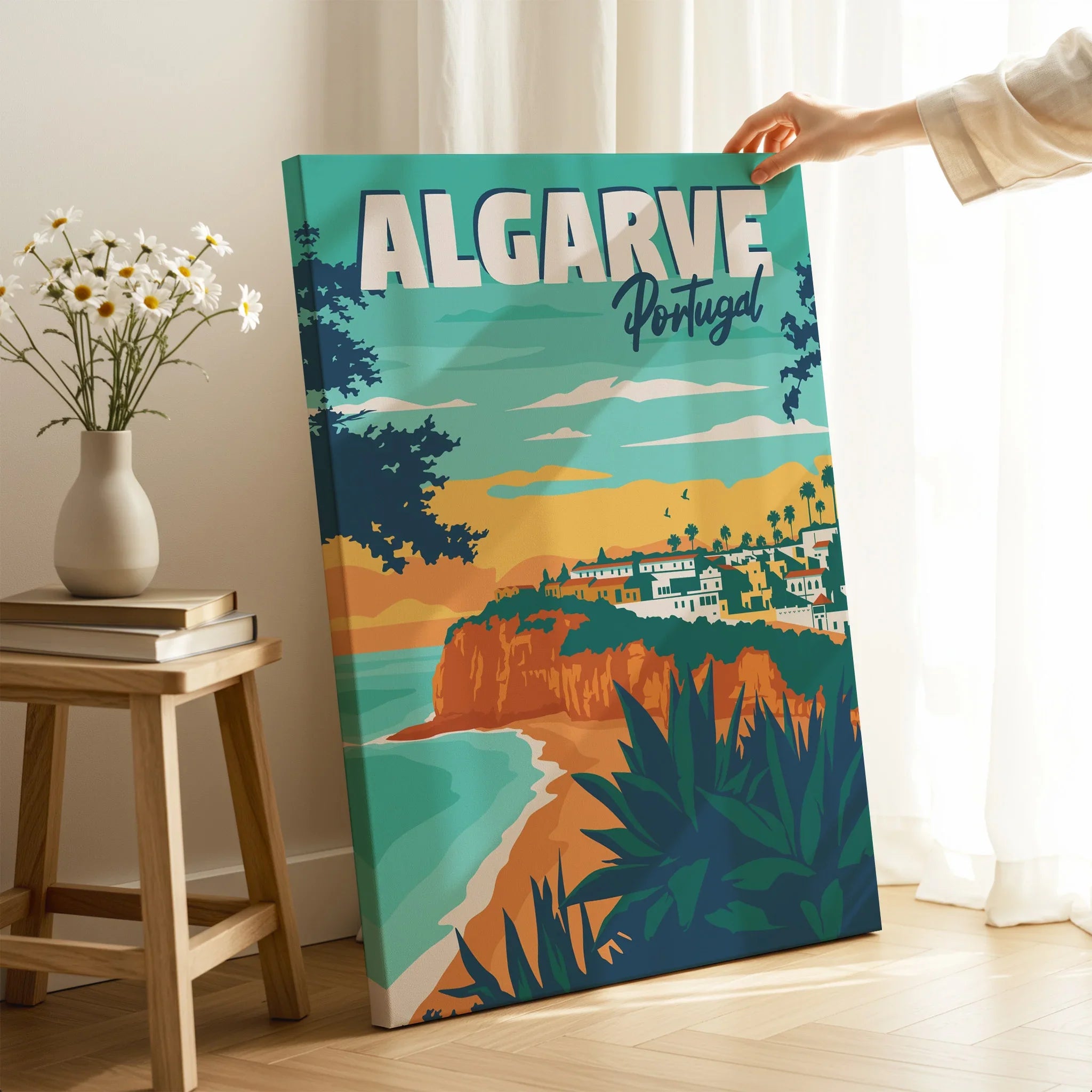 Algarve Portugal travel poster canvas art with coastal cliffs, beach, and village scenery for home decor